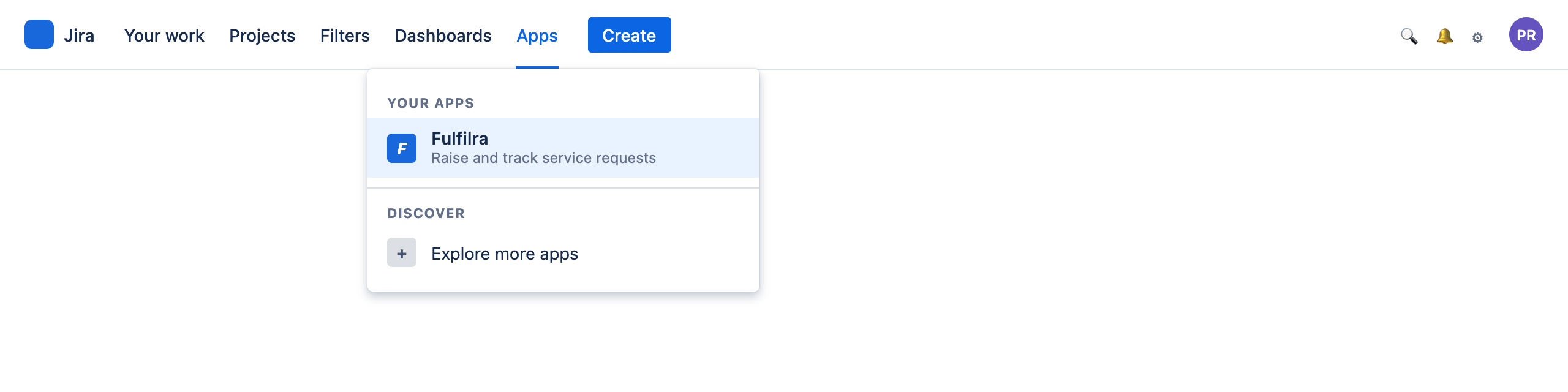 Jira's Apps menu open in the top bar, with Fulfilra listed among the installed apps