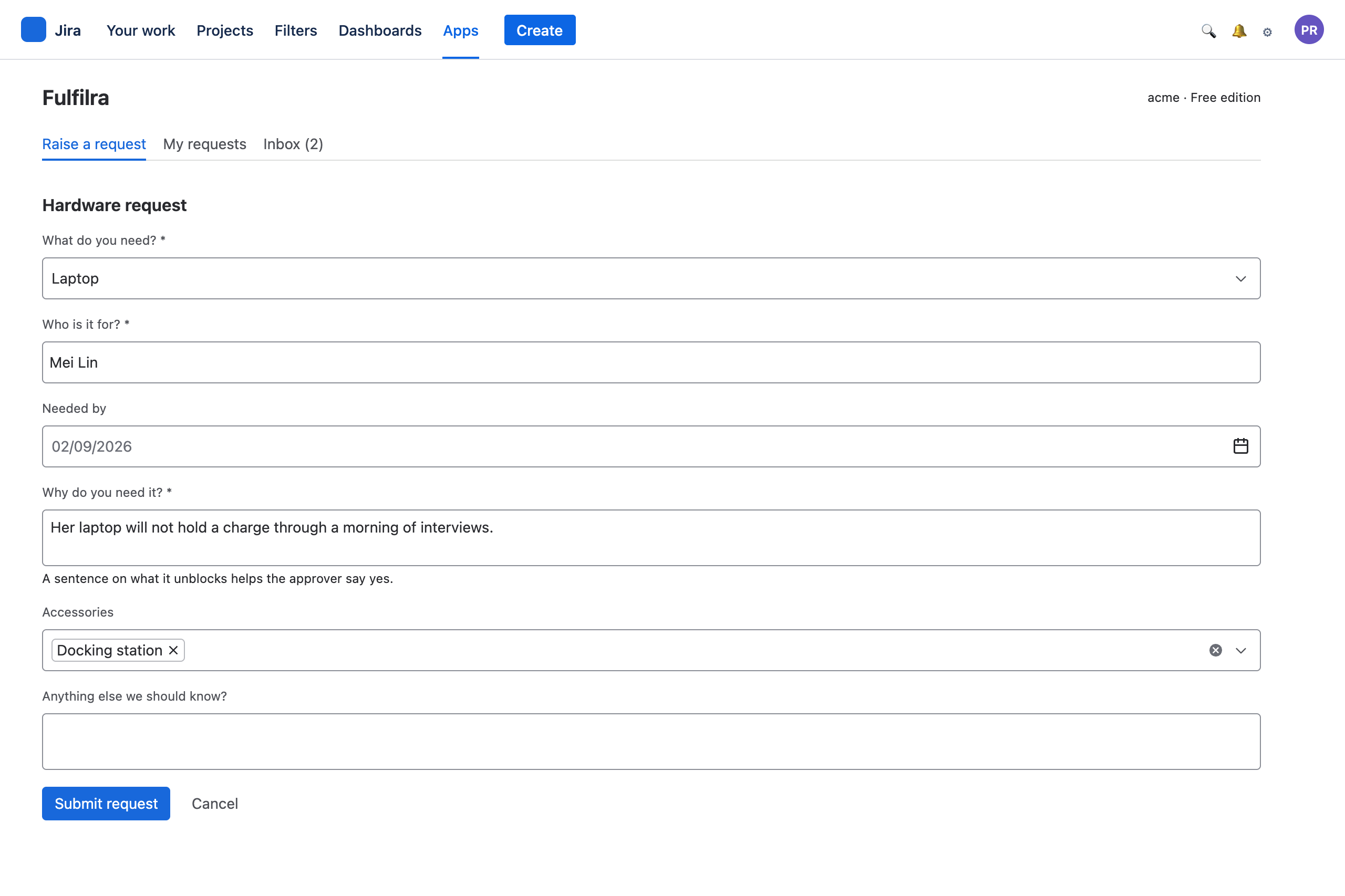 A hardware request form with typed fields and a required justification