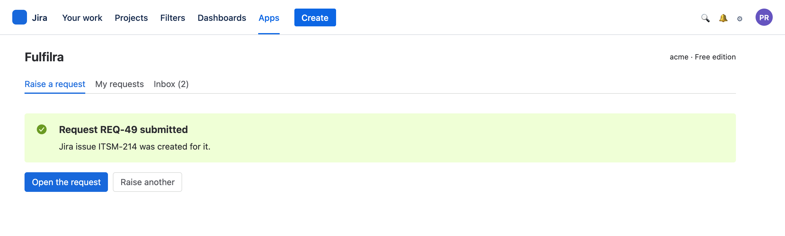A submission confirmation naming the request reference and the Jira issue created for it
