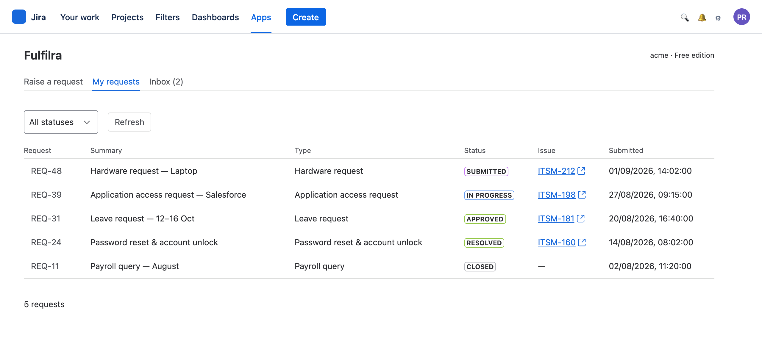 A requester's list of their own requests with statuses and linked Jira issues