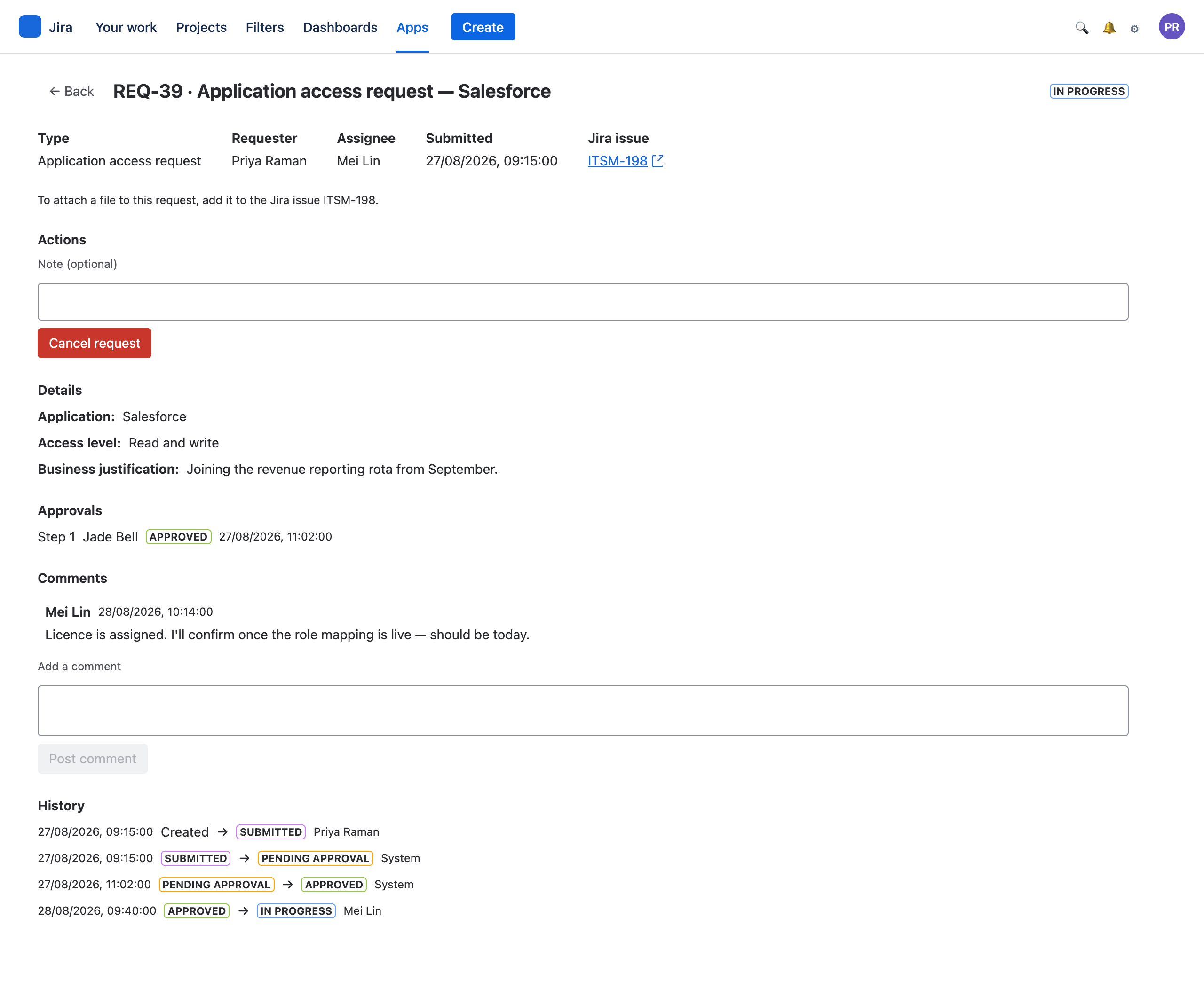 A request showing its details, approvals, comments and full history