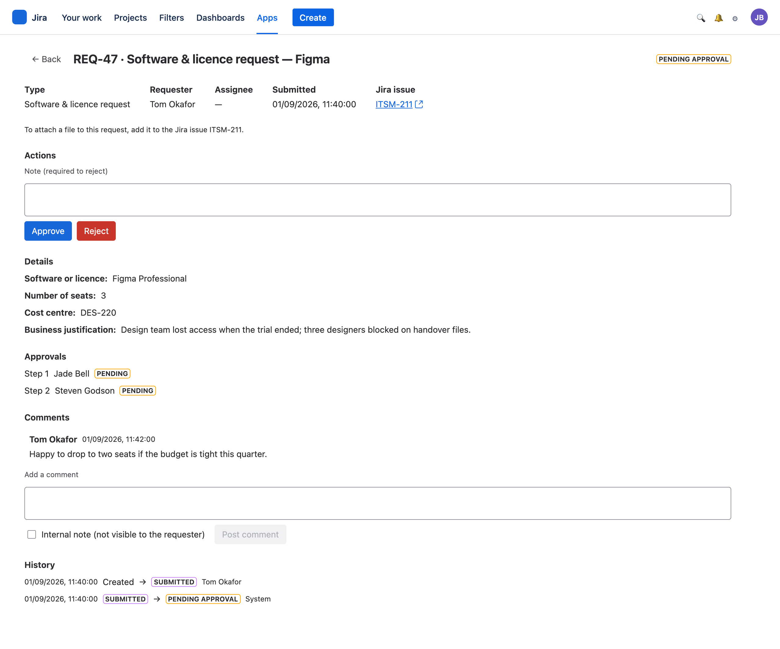 A request being approved, with the note box and Approve and Reject buttons