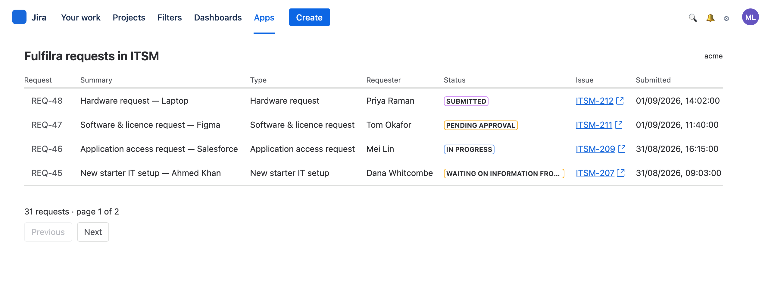 The Fulfilra tab inside a Jira project, listing requests linked to that project