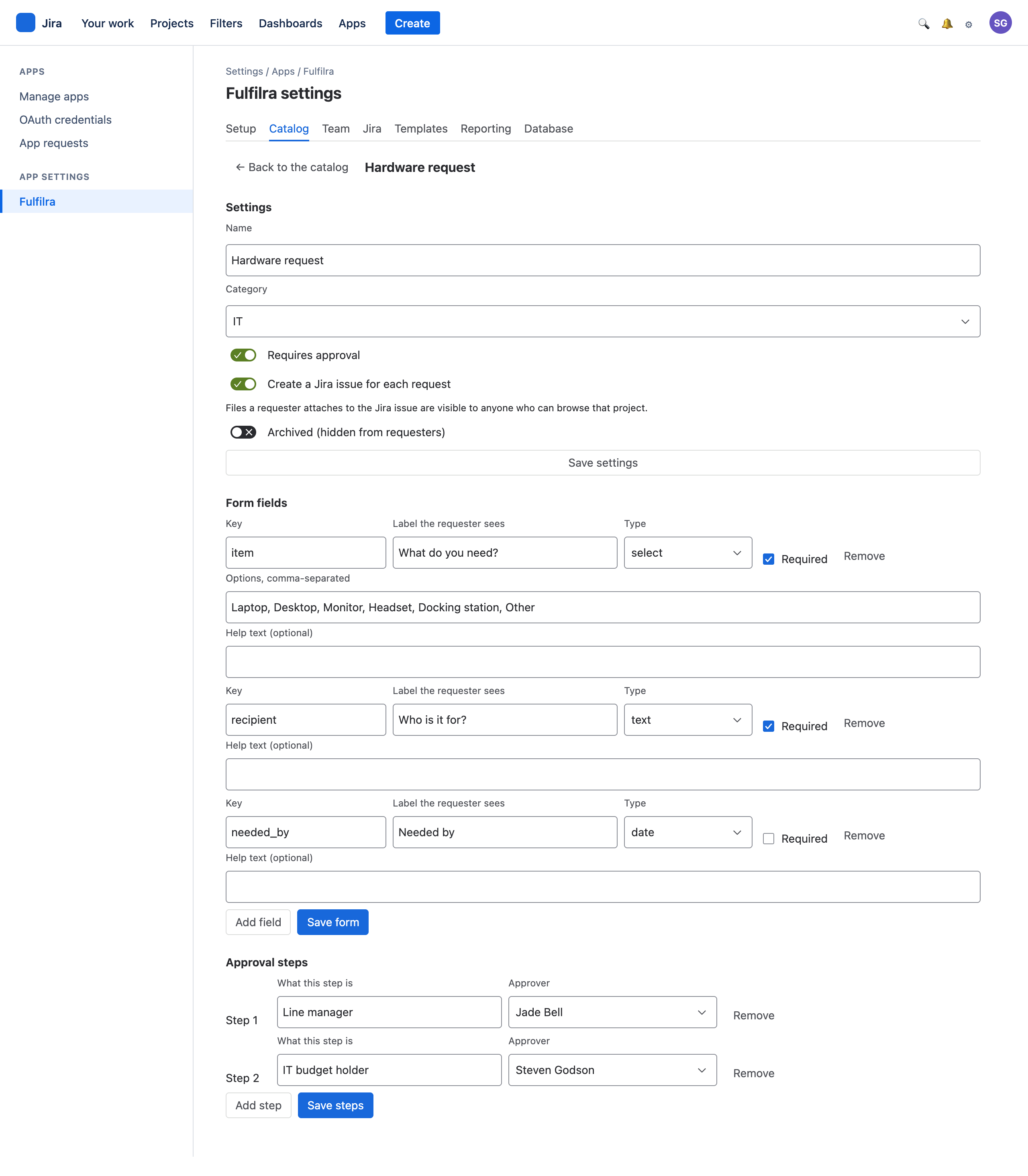 A request type being edited: settings, form fields and approval steps