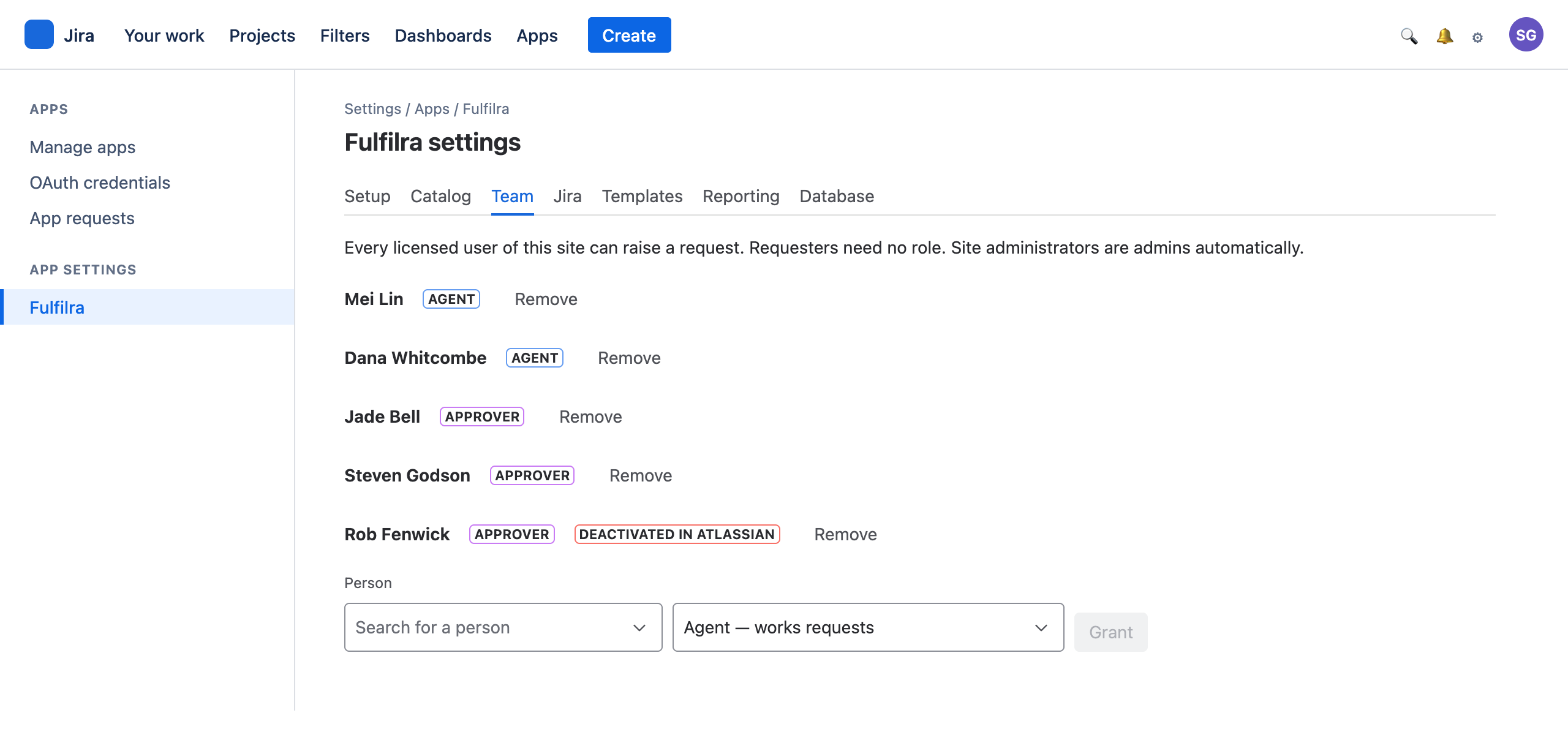 The team tab, granting agent and approver roles from a Jira user picker