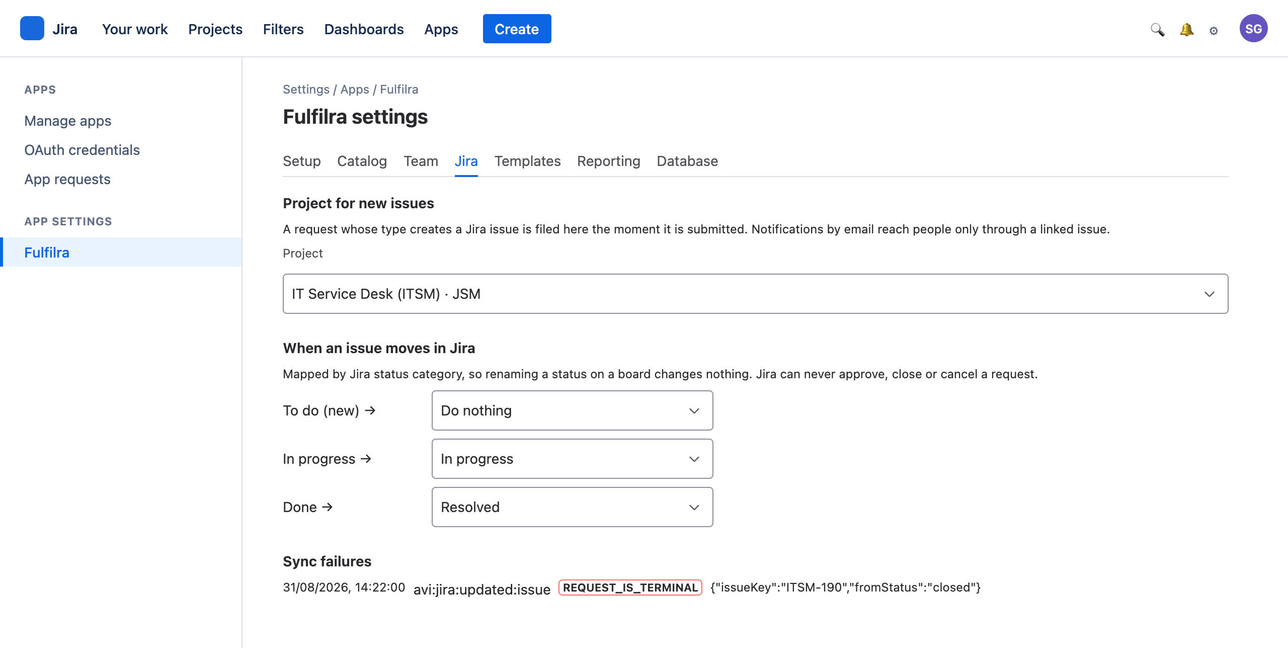 Jira settings: the project for new issues and the status category mapping