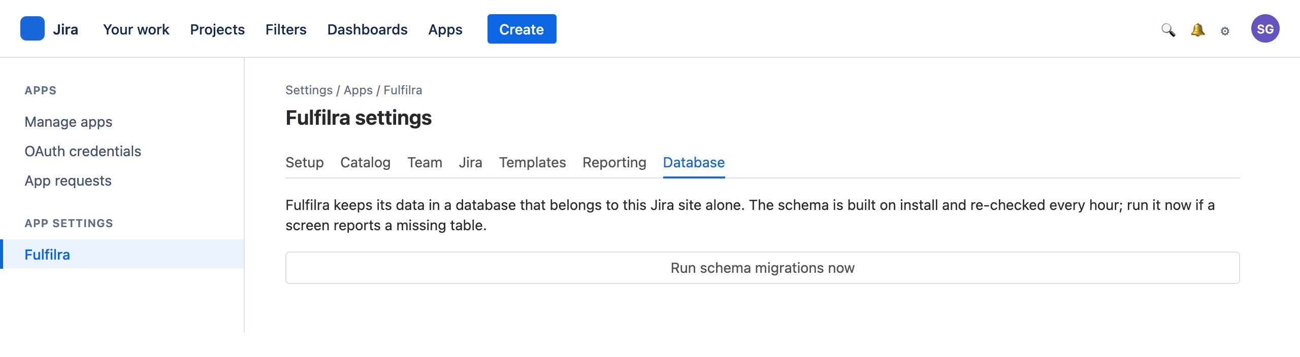 The Database tab in Fulfilra's admin settings, showing schema status and a Run schema migrations action